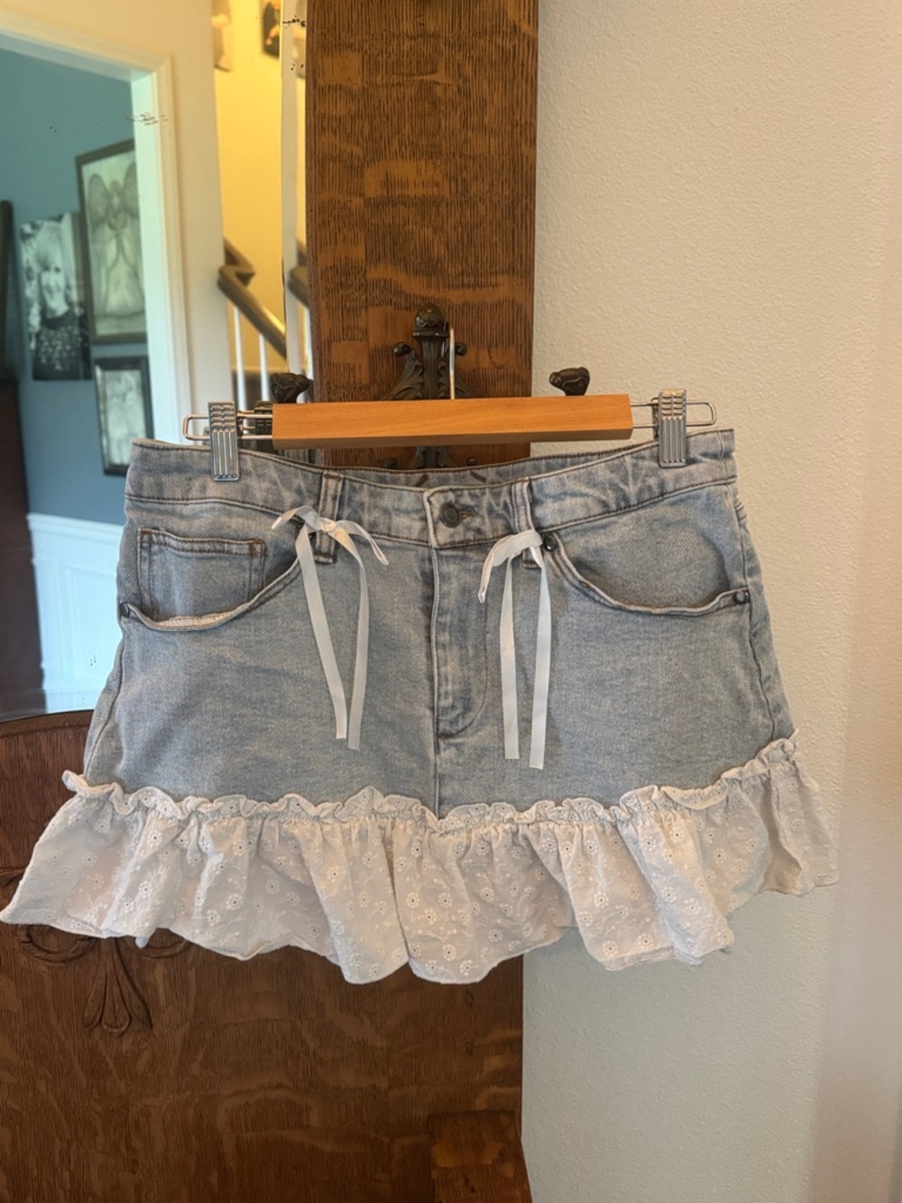 Light Wash Denim Mini Skirt with White Eyelet Ruffle
